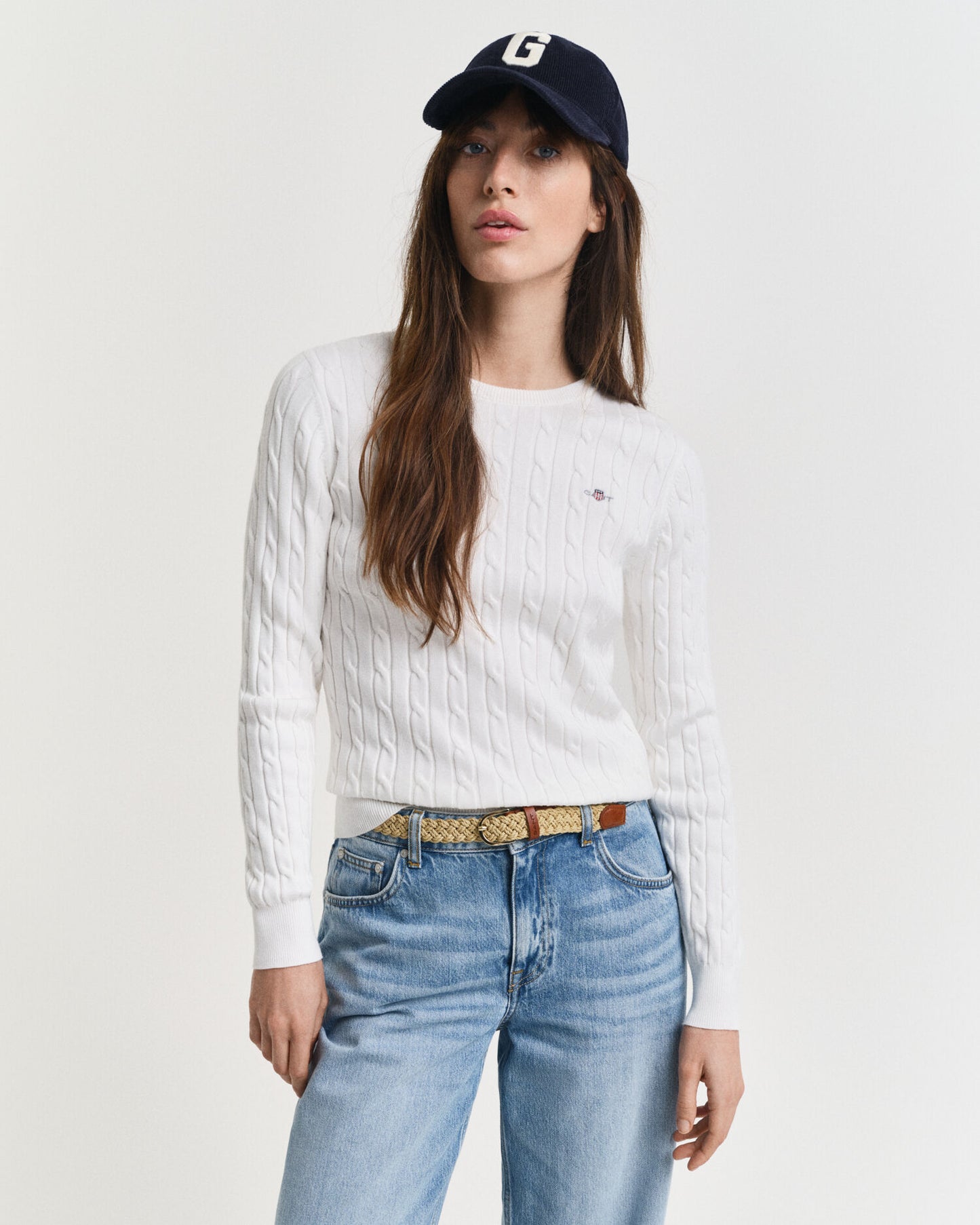 Pullover aus Stretch-Baumwolle mit Zopfmuster und Rundhalsausschnitt