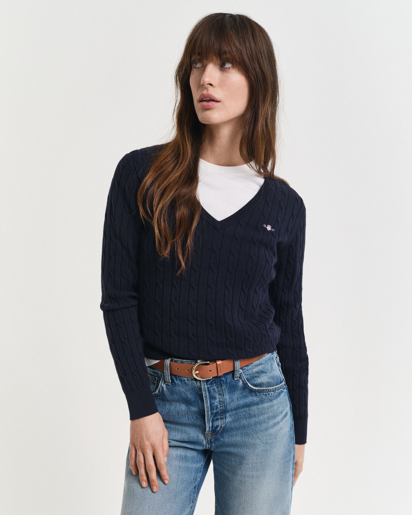 Stretch-Baumwoll-Zopfstrick-V-Pullover