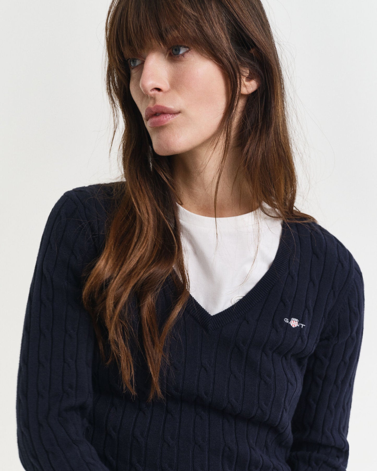 Stretch Cotton Cable Knit V-Neck Sweater