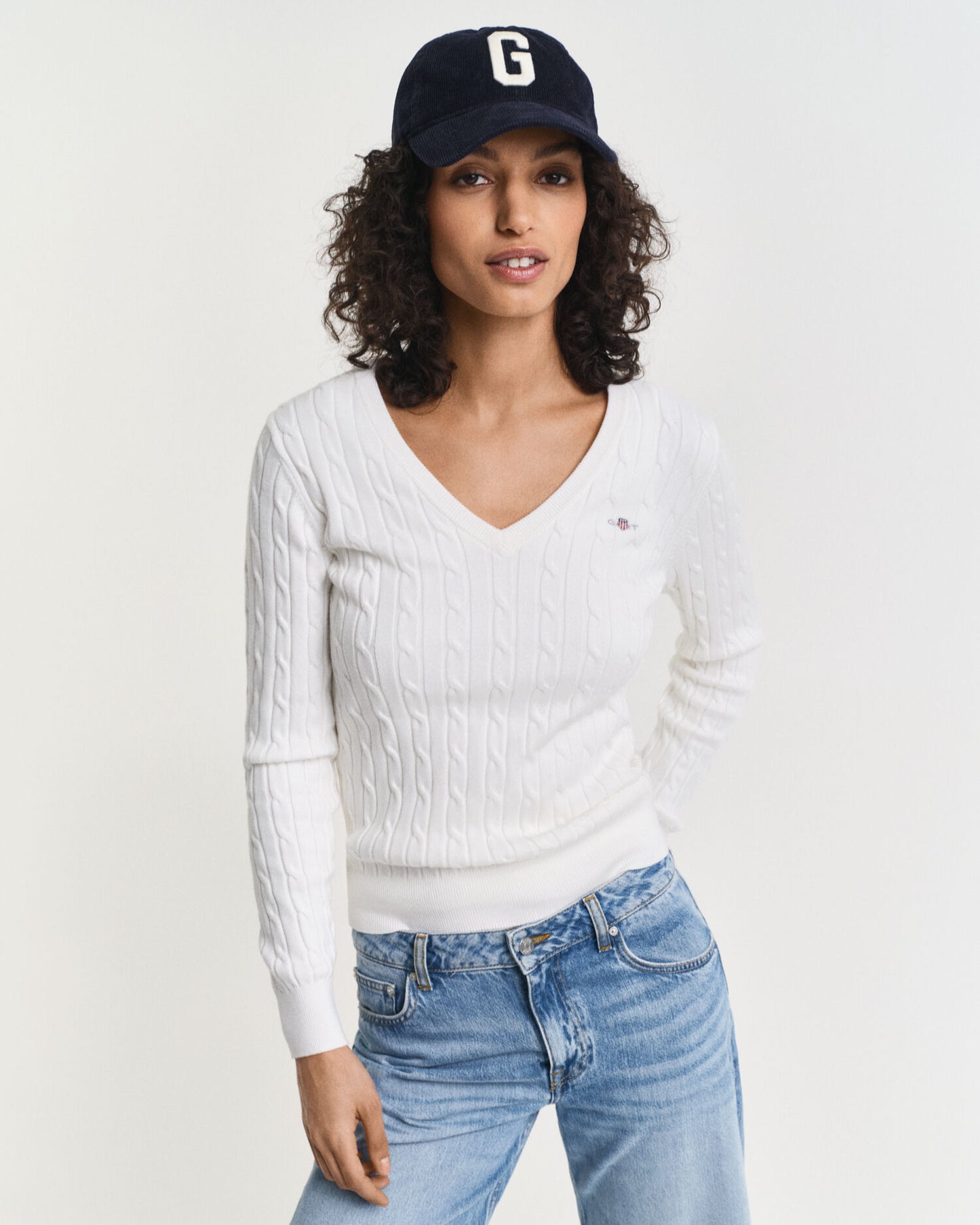 Stretch-Baumwoll-Zopfstrick-V-Pullover