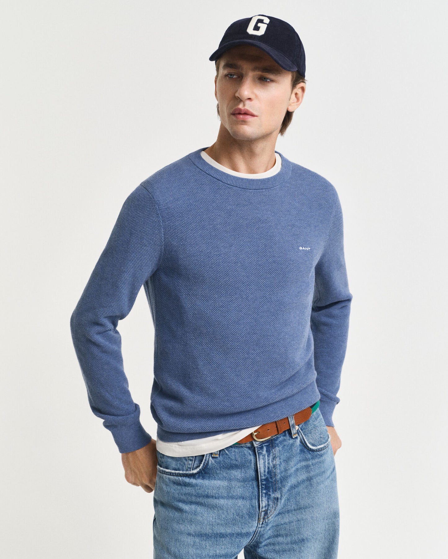 Pull en piqué de coton à col rond