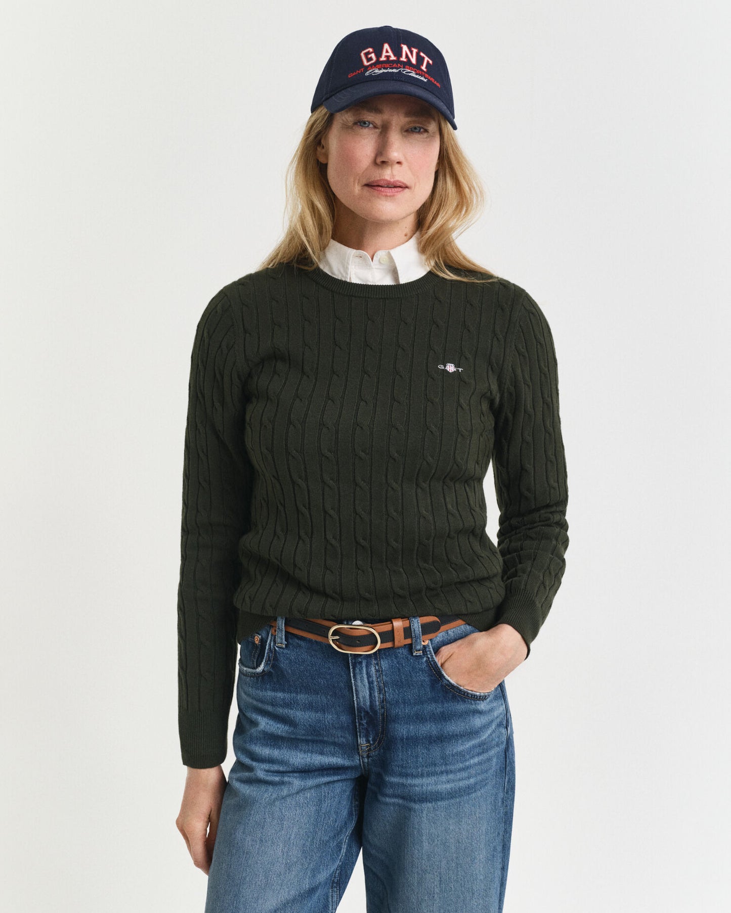 Pull col rond en tricot torsadé de coton extensible