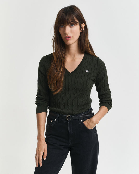 Pull Col V en Tricot Torsadé de Coton Extensible