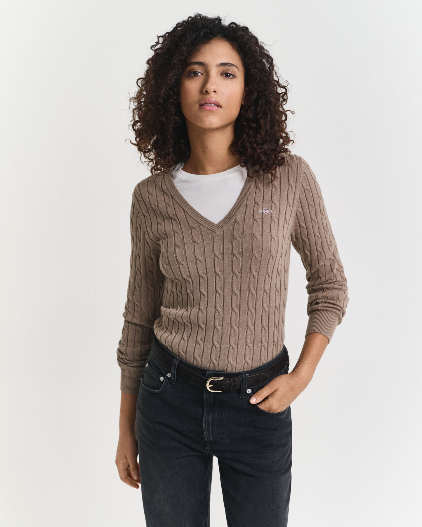 Stretch-Baumwoll-Zopfstrick-V-Pullover