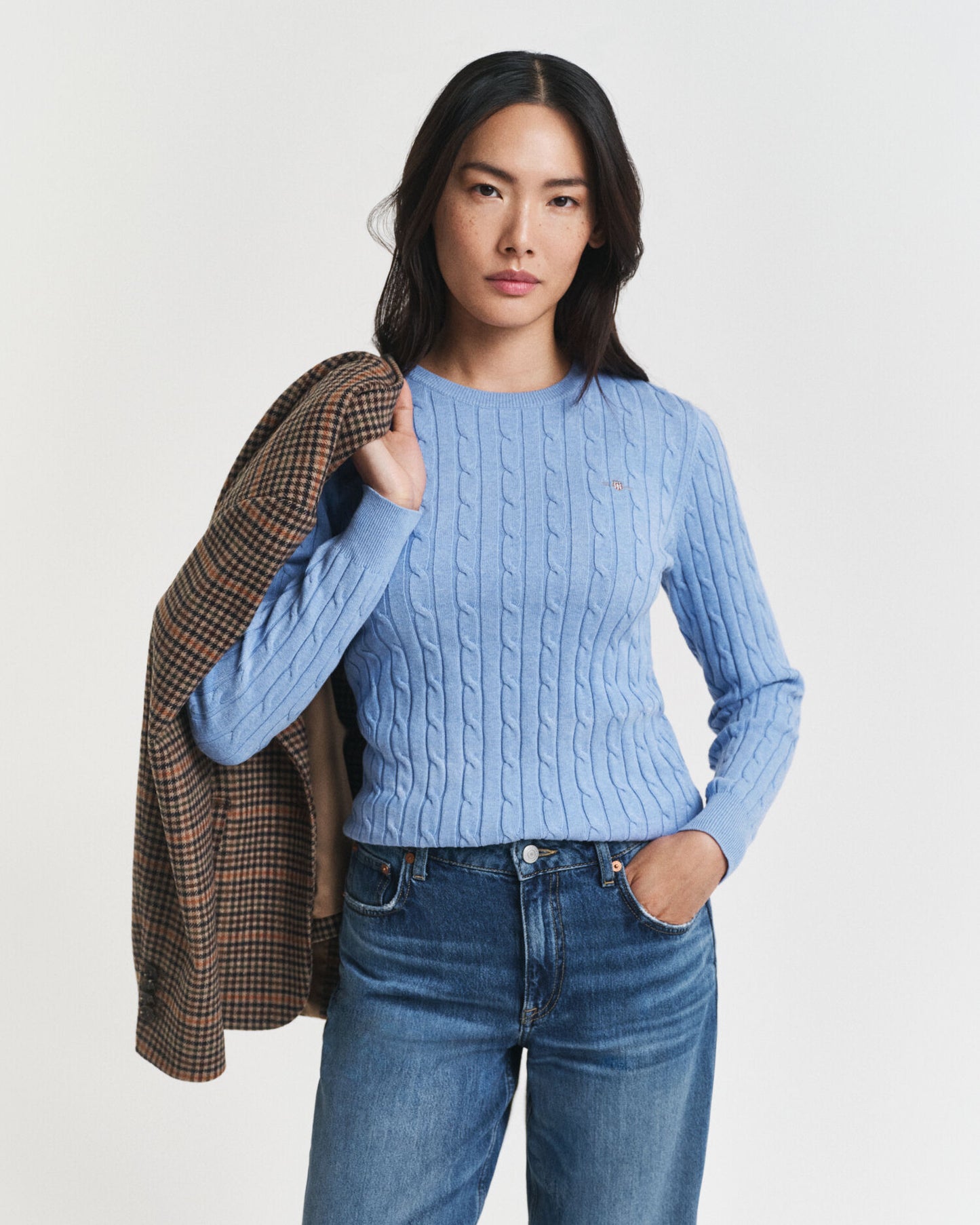 Pull col rond en tricot torsadé de coton extensible