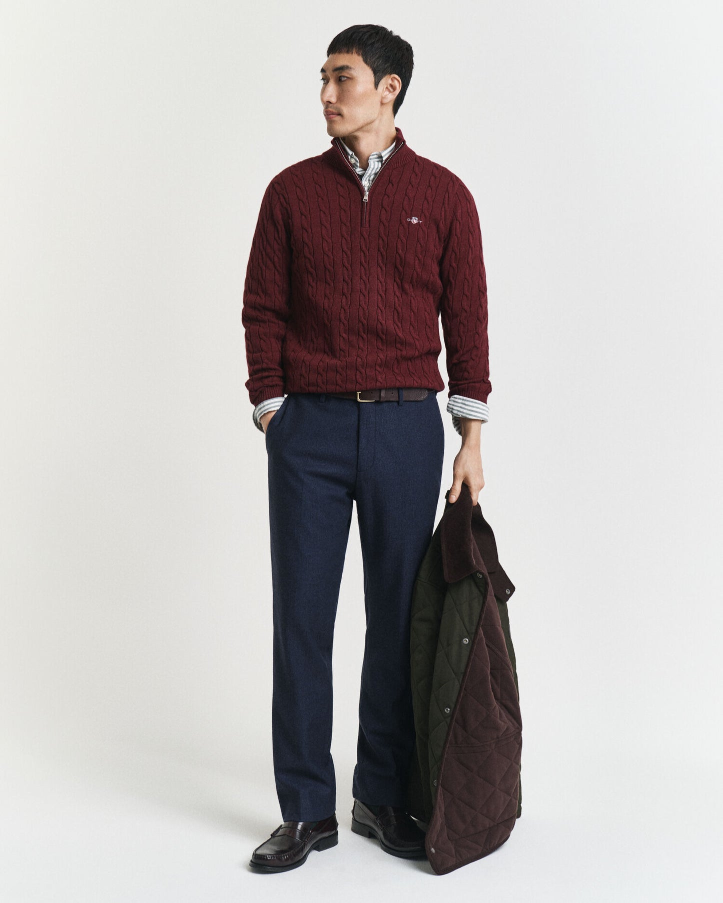 Baumwoll-Half-Zip-Pullover mit Zopfmuster