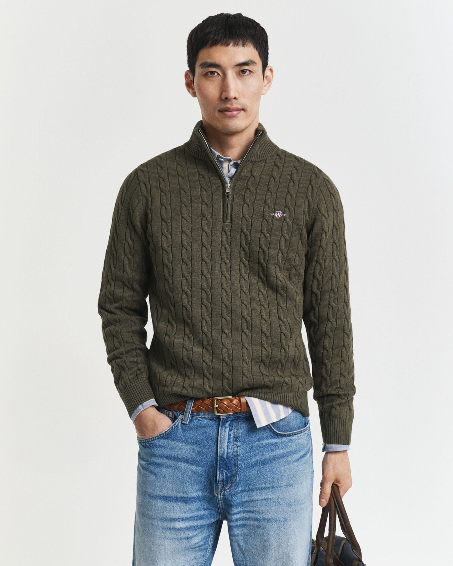 Pull en coton maille torsadée demi-zippé