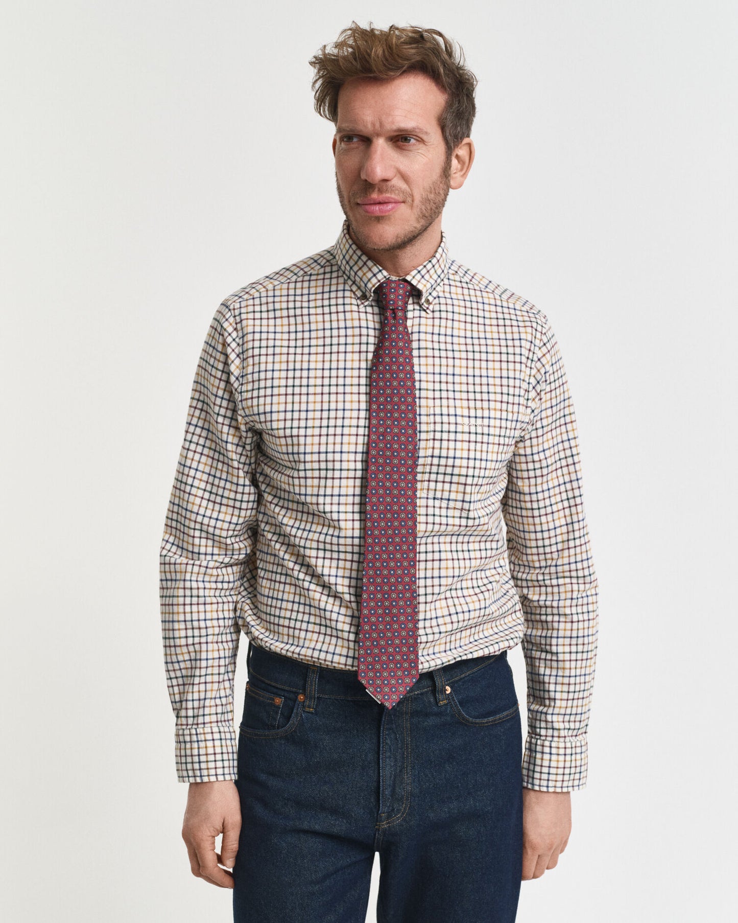 Chemise twill à carreaux Tattersall coupe droite