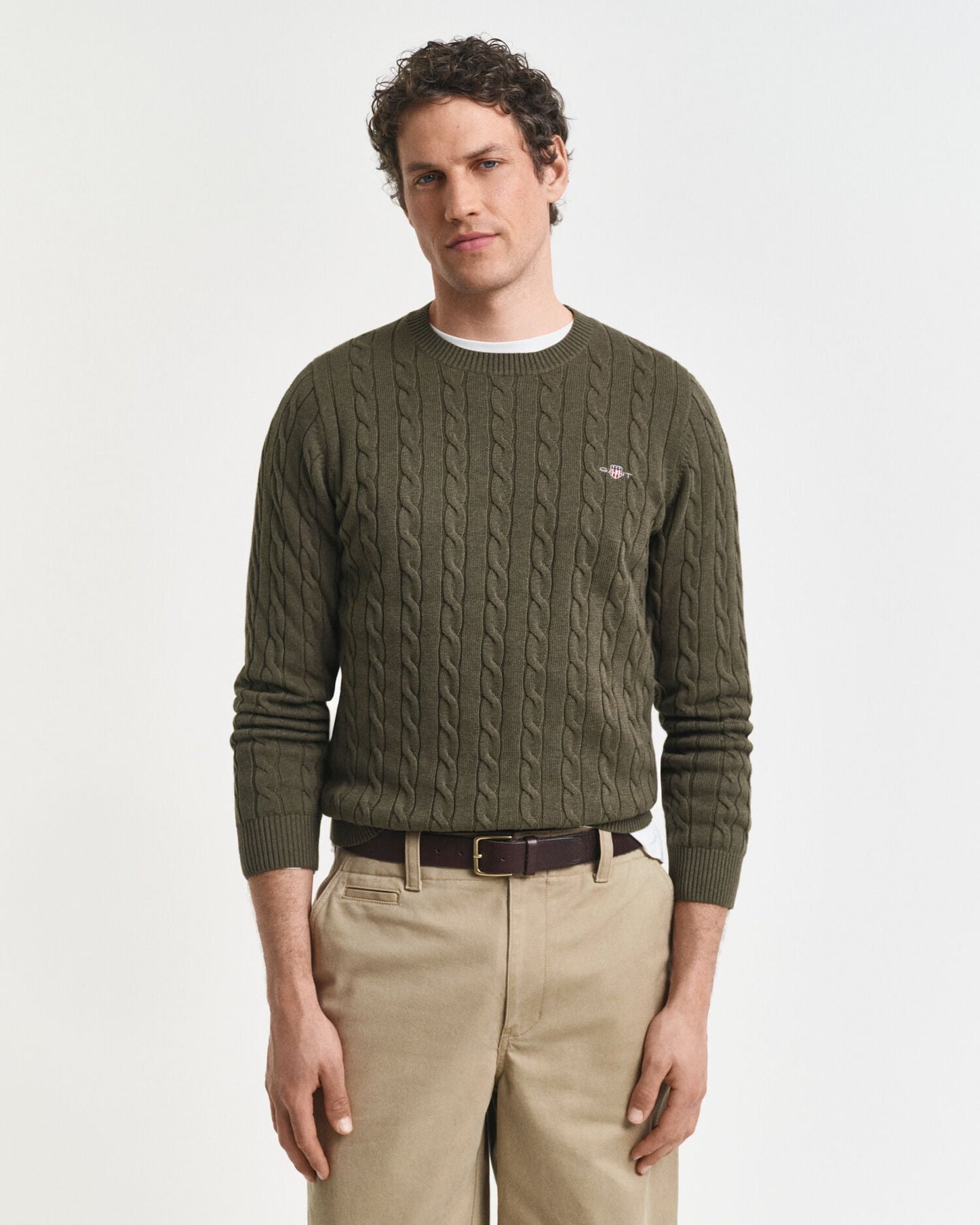 Baumwoll-Zopfstrickpullover mit Rundhalsausschnitt