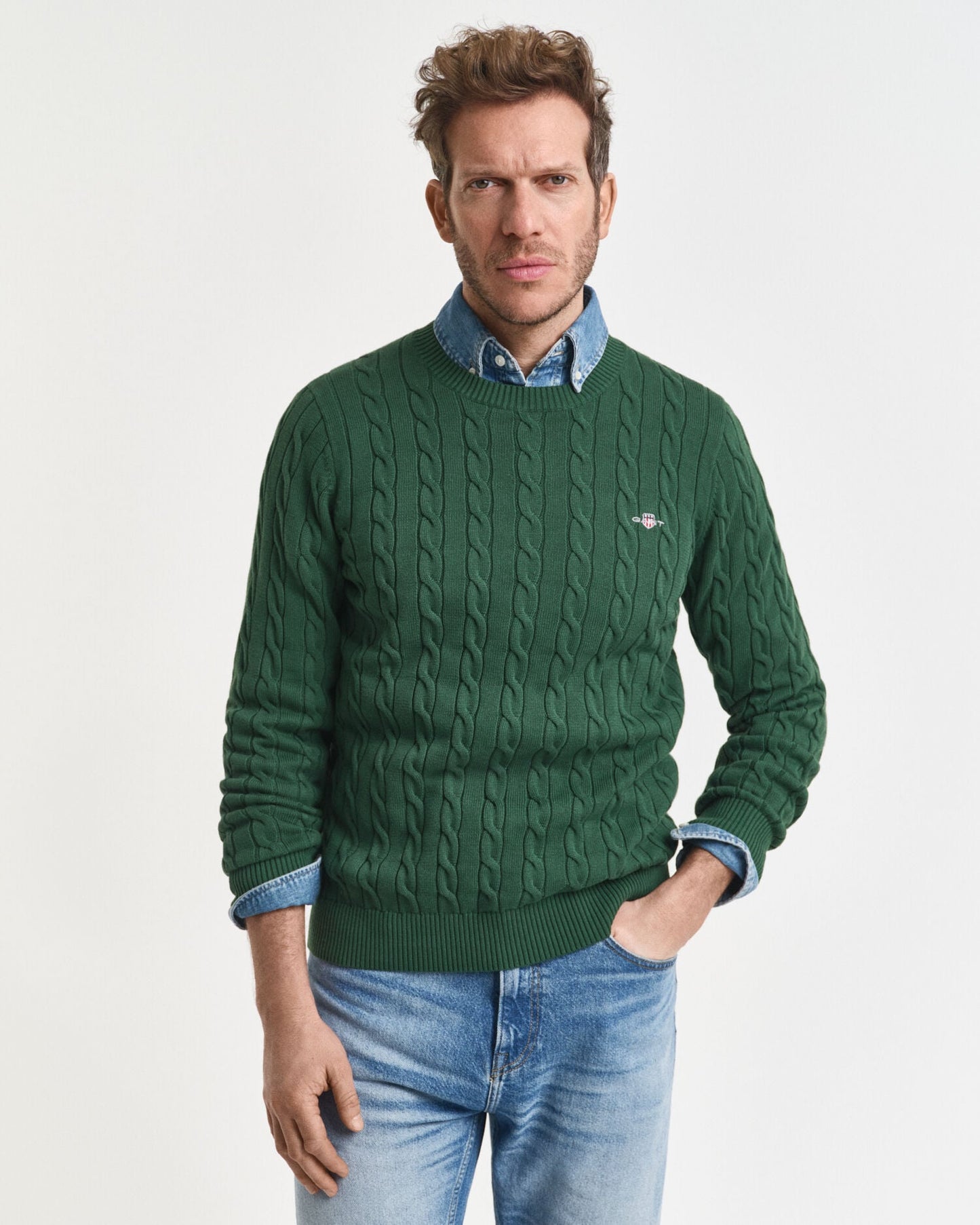 Baumwoll-Zopfstrickpullover mit Rundhalsausschnitt