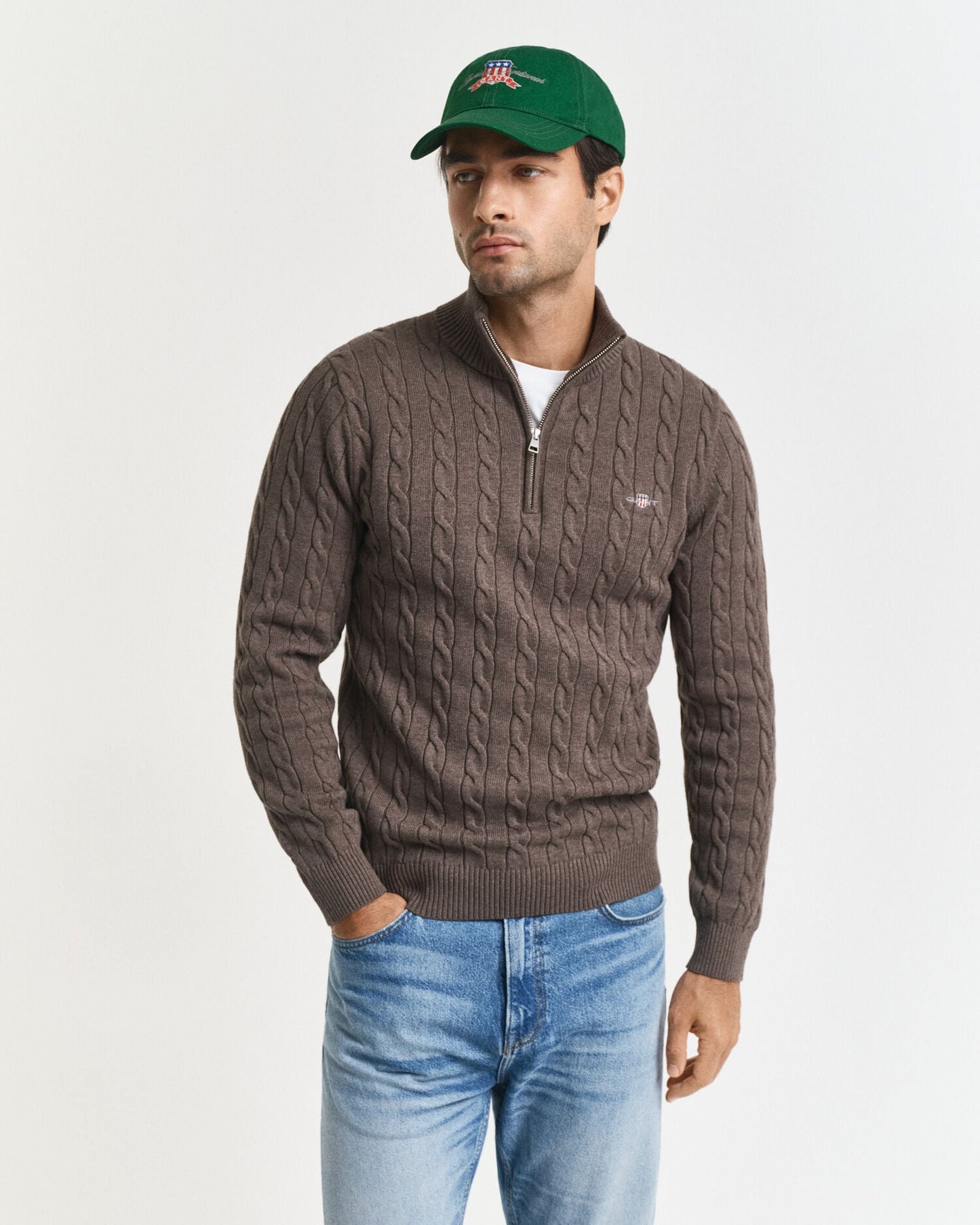 Baumwoll-Half-Zip-Pullover mit Zopfmuster
