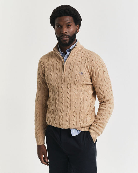 Pull à demi-glissière en tricot torsadé de coton