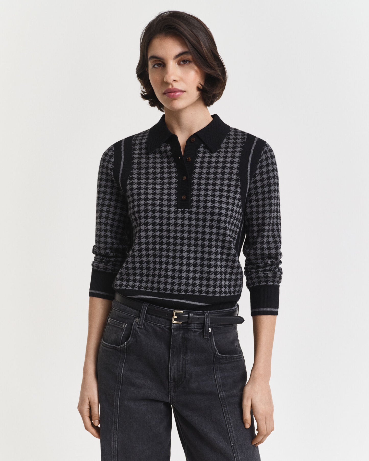 Hahnentritt-Jacquard-Polo-Pullover
