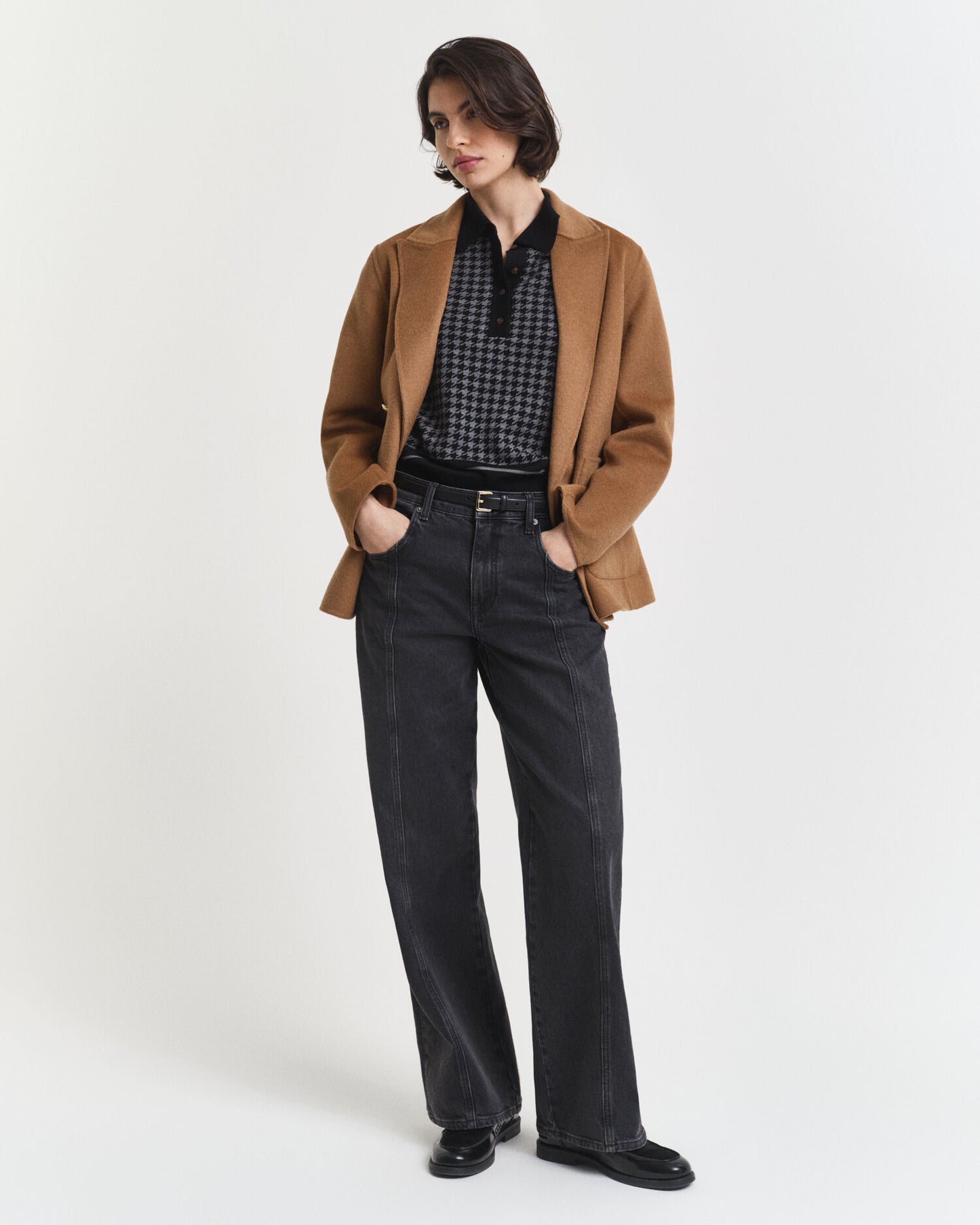 Hahnentritt-Jacquard-Polo-Pullover