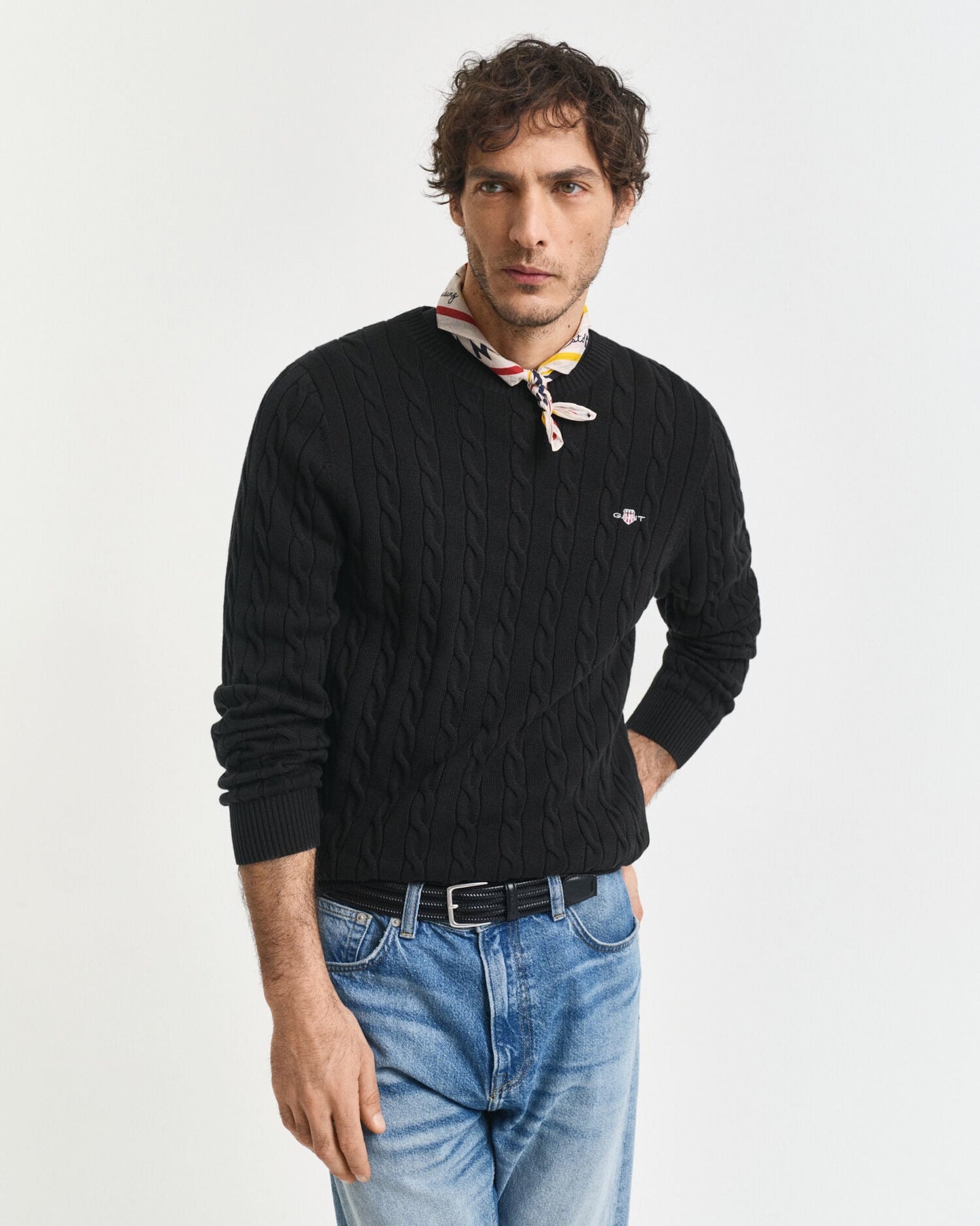 Baumwoll-Zopfstrickpullover mit Rundhalsausschnitt